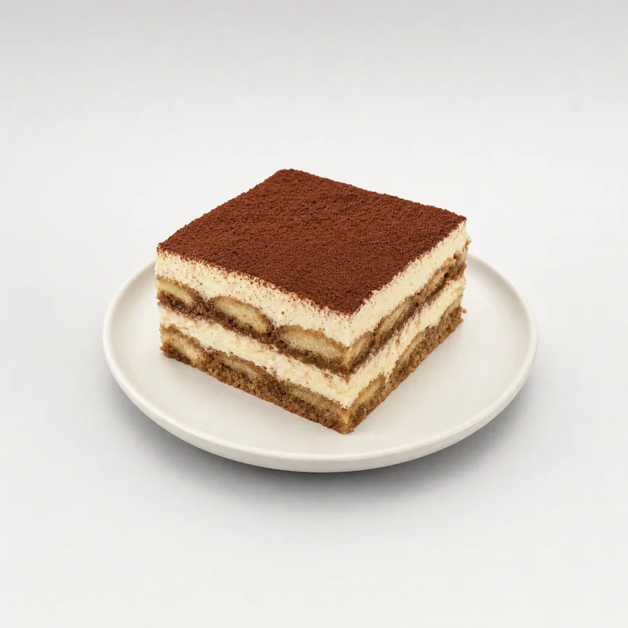 Una fetta di tiramisù su un piattino di ceramica