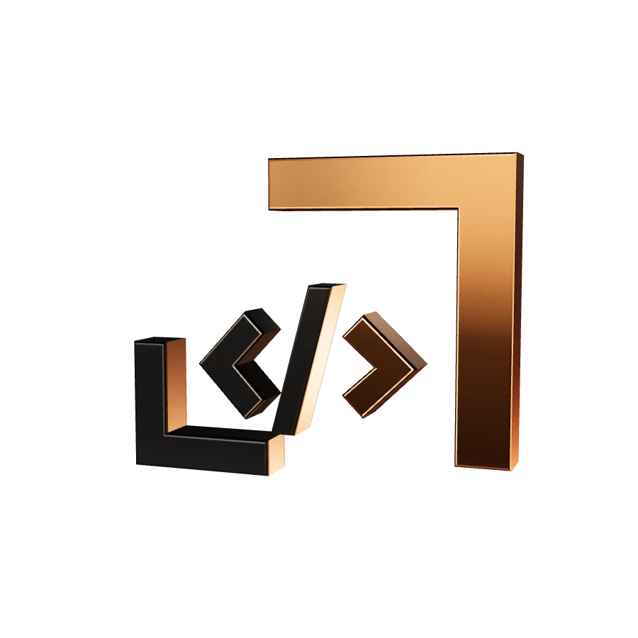 Il logo di Loris Maroli in 3D: una L nera, il simbolo del codice e una cornice color rame